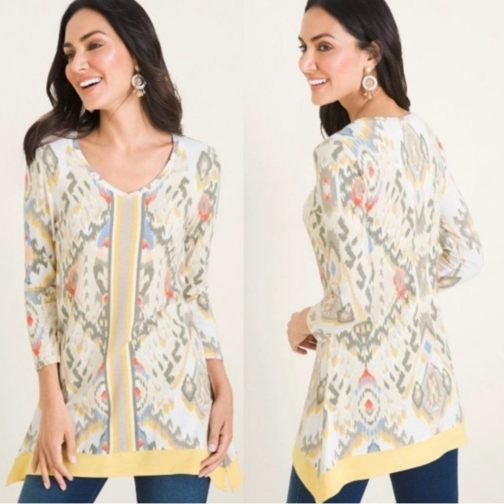 Chico’s Zenergy IKAT Border Tunic Top Aztec Print Size 16/18 Yellow Blue
